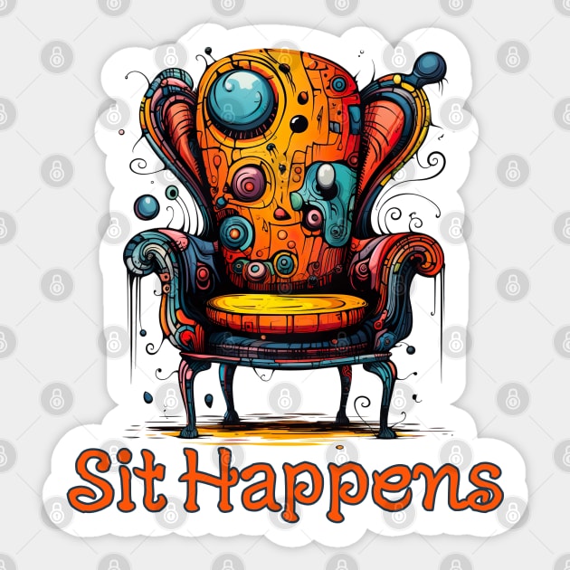 Bizarre Chair with saying Sit Happens Sticker by Luxinda